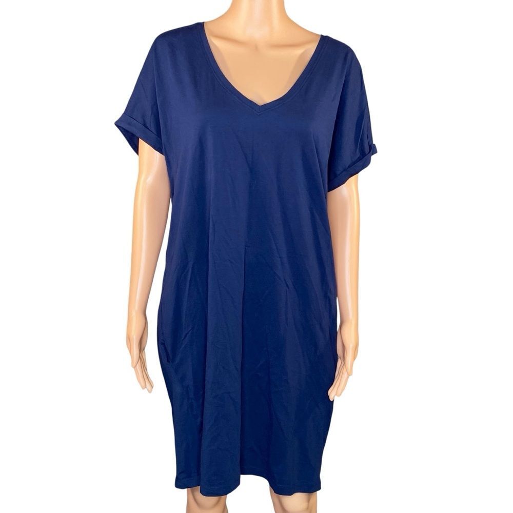 New York & Co Navy Blue Cotton Tee Shirt Dress Low Pockets Womens Size Large